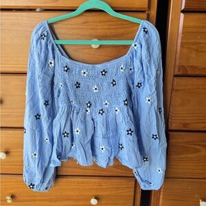 Blue Floral Embroidered Smocked Top Bell Lantern Sleeves
